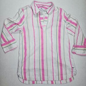 Vineyard Vines Womens Striped Popover Tunic Size XS White/Pink 3/4 Sleeve
